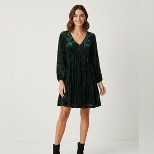 Taylor Black Babydoll Dress with Green Velvet Floral Detail